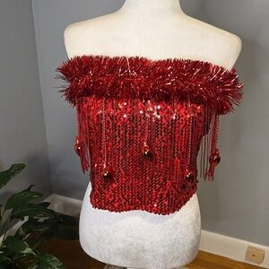 Love On A Hanger Red Sequined Tinsel Christmas Bulb Strapless Top Size L